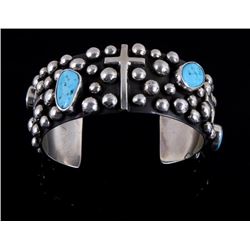 Navajo Sterling Turquoise & Cross Cuff Signed