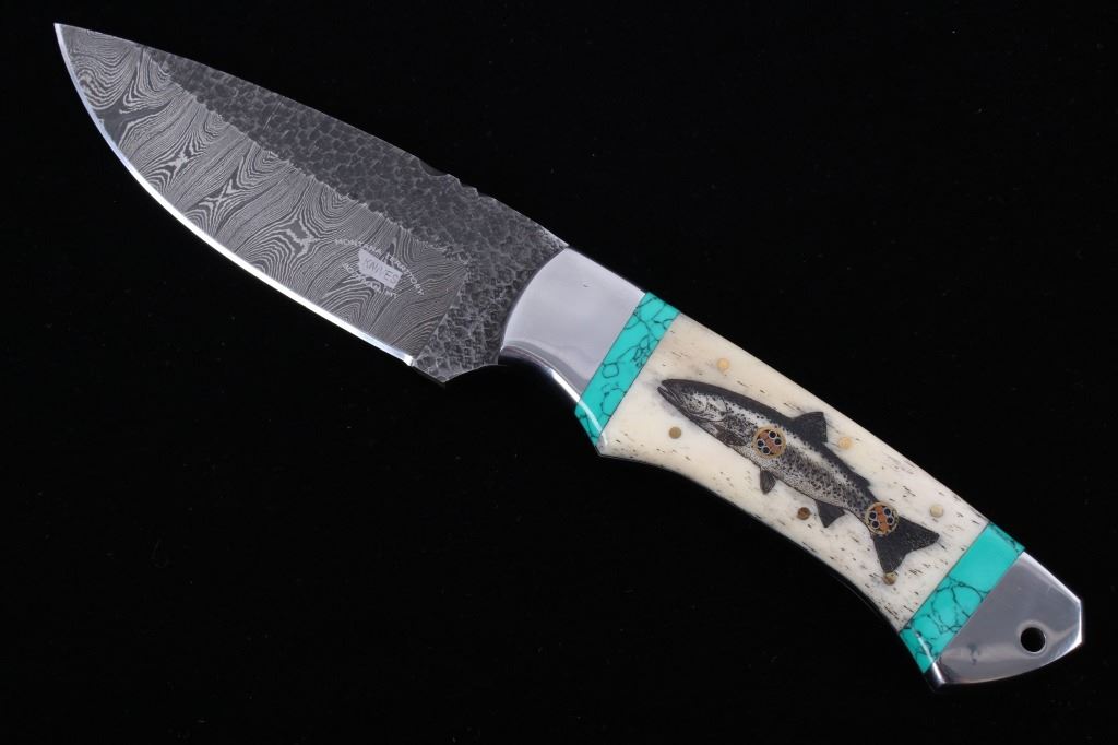 Montana Cutthroat Trout Scrimshaw Damascus Knife