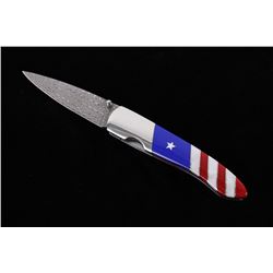 Patriotic Flag Lapis & Coral Inlaid Damascus Knife