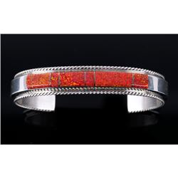 Fran Yazzie Navajo Inlaid Red Opal Sterling Cuff