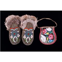 Iroquois Fully Beaded Flat Bag & Moccasins 19th C.