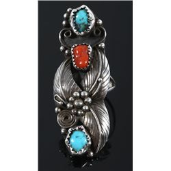 Signed Navajo Turquoise & Coral Cocktail Ring
