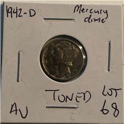 1942 D Roosevelt Silver Dime Nice Toned AU High Grade  Early US Coin