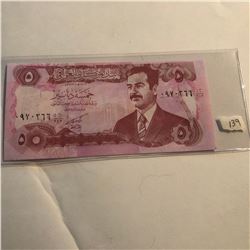 Rare 5 Dinars SUDDAM HUSSEIN IRAQ Bill in UNC Condition