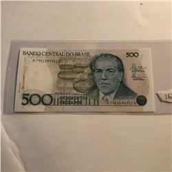 Rare 500 Cruzados BRASIL Bill in UNC Condition