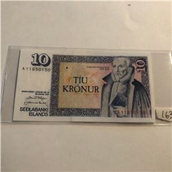 Very Rare 10 TIU KRONUR SEDLABANKI ISLANDS Bill in UNC Condition