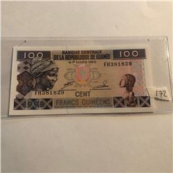 Rare 100 Cent Francs Guineens DE GUINEE Bill in UNC Condition