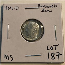 1964 D Roosevelt Silver Dime Nice MS High Grade Early US Coin