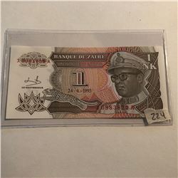 Rare 1 BANK OF ZAIRE Bill in UNC Condition