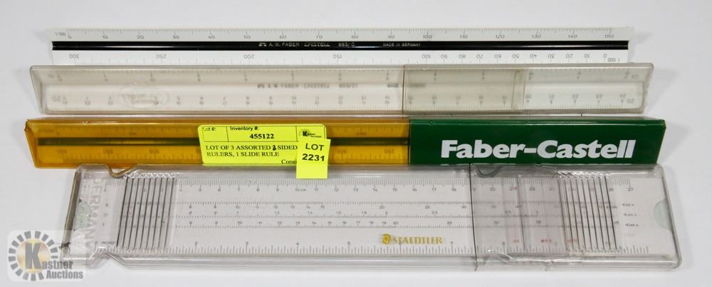 3 Side Ruler Old Ruler LOT OF 3 ASSORTED 3 SIDED RULERS, 1 SLIDE RULE