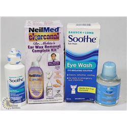 BAG WITH EYE WASH, EAR WAX REMOVAL KIT AND MORE