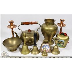 FLAT OF ASSORTED BRASS BELLS, CANDLE HOLDERS &