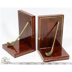 WOOD AND BRASS GOLF CLUB BOOKENDS