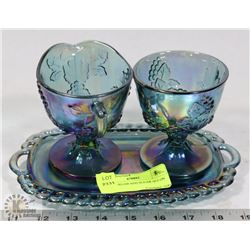 GLASS CREAM AND SUGAR SET ON TRAY.