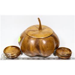 WOODEN NUT SERVER BOWL WITH SERVING CUPS.