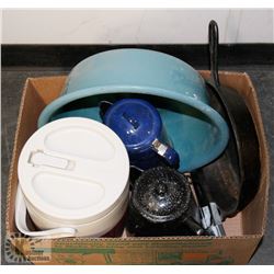 BOX OF CAMPING SUPPLIES - NEW COOLER, 2 ENAMEL,