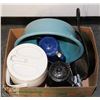 Image 1 : BOX OF CAMPING SUPPLIES - NEW COOLER, 2 ENAMEL,