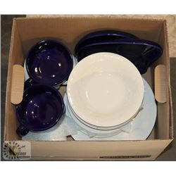 BANKERS BOX OF WHITE AND BLUE DISHES