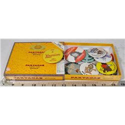 CIGAR BOX FILLED WITH ASSORTED PIN BACK BUTTONS