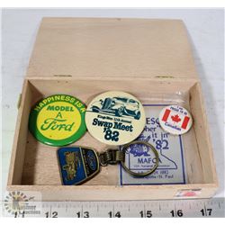 CIGAR BOX WITH ANTIQUE/CAR SWAMP ITEMS.
