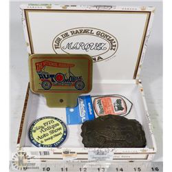 CIGAR BOX WITH ANTIQUE/CAR SWAP ITEMS.
