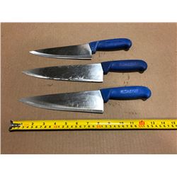 USED SHARPENED KNIVES BLUE HANDLE  - LOT OF 3