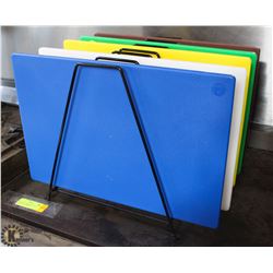 SET OF 5 COLOURED CUTTING BOARDS & RACK