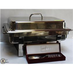 STAINLESS STEEL CHAFING DISH WITH SERVING SPOON.