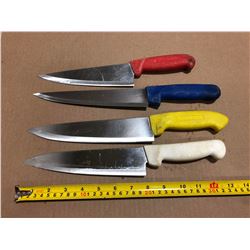 USED SHARPENED KNIVES COLOUR HANDLES - LOT OF 4