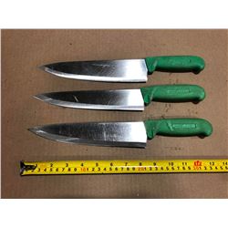 USED SHARPENED KNIVES GREEN HANDLE  - LOT OF 3