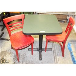 SQUARE RESTAURANT TABLE SOLD W/ 2 WOODEN CHAIRS