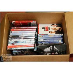 BOX OF ASSORTED DVDS.