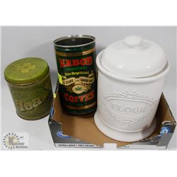 OLD COFFEE & TEA TINS AND FLOUR JAR.