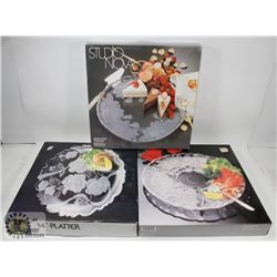 LOT OF 3 CRYSTAL WINTER ROSE PLATTERS.