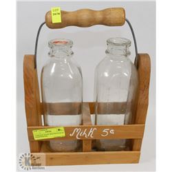 2 VINTAGE GLASS MILK BOTTLES IN HANDCRAFTED