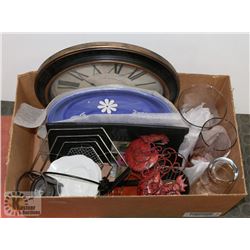 ASSORTED HOUSEHOLD ITEMS-CLOCK, FRUIT BASKET