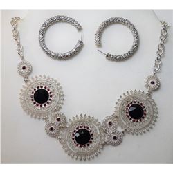 19)  SILVER TONE RED & BLACK CRYSTAL BOHO