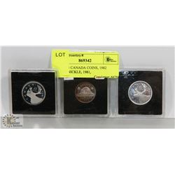 LOT OF 3 CANADA COINS, 1982 SILVER NICKLE, 1981,