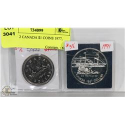 LOT OF 2 CANADA $1 COINS 1977, 1991