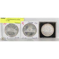 LOT OF 3 CANADIAN $1 COINS. 1935, 1966, 1965