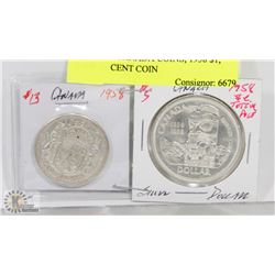 LOT OF 2 CANADA COINS, 1958 $1, 1958- 50 CENT COIN