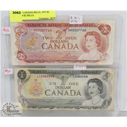 LOT OF 2 CANADA BILLS, 1973 $1 BILL, 1974 $2 BILLS