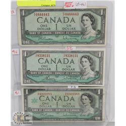 LOT OF 3 CANADA $1 BILLS, 1954, 1967