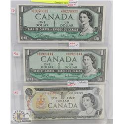 LOT OF 3 CANADA $1 BILLS, 1954, 1973