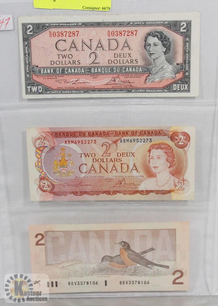 LOT OF 3 CANADA $2 BILLS, 1954, 1974, 1986