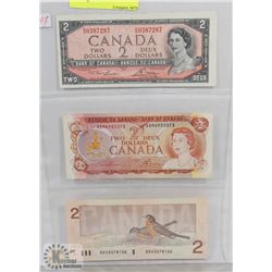 LOT OF 3 CANADA $2 BILLS, 1954, 1974, 1986