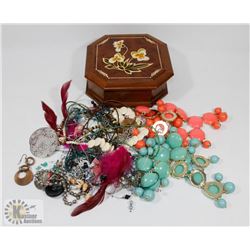 ESTATE WOOD JEWELRY BOX SOLD WITH BAG OF