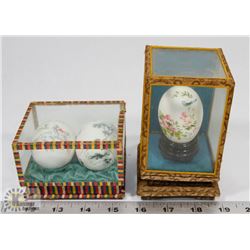 3 VINTAGE CHINESE PAINTED HEALTH & PROSPERITY EGGS