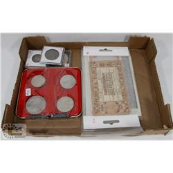 FLAT OF ASSORTED WORLD COINS, NOTES AND TOKENS
