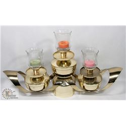 BRASS DECORATIVE CANDLE TRIO CENTERPIECE. 18" WIDE